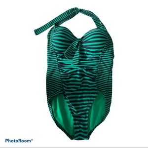 Womens Medium Navy & Green Striped Halter Swimsuit Swim Wear
